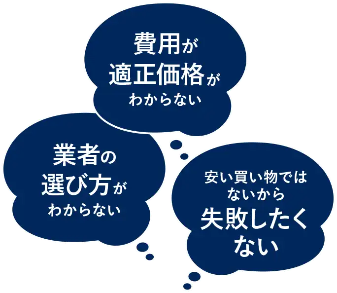 費用が適正価格かわからない｜業者の選び方が明からない｜安い買い物ではないから失敗したくない