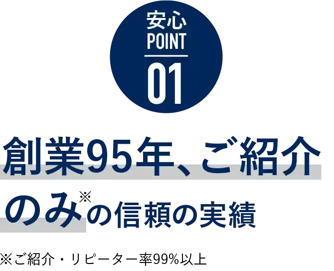 安心POINT 01|創業95年、ご紹介のみの信頼の実績 ※ご紹介・リピーター率99%以上